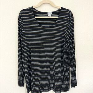 Chicos Womens Long Sleeve T Shirt Top Size XL Metallic Stripe Stretch Black